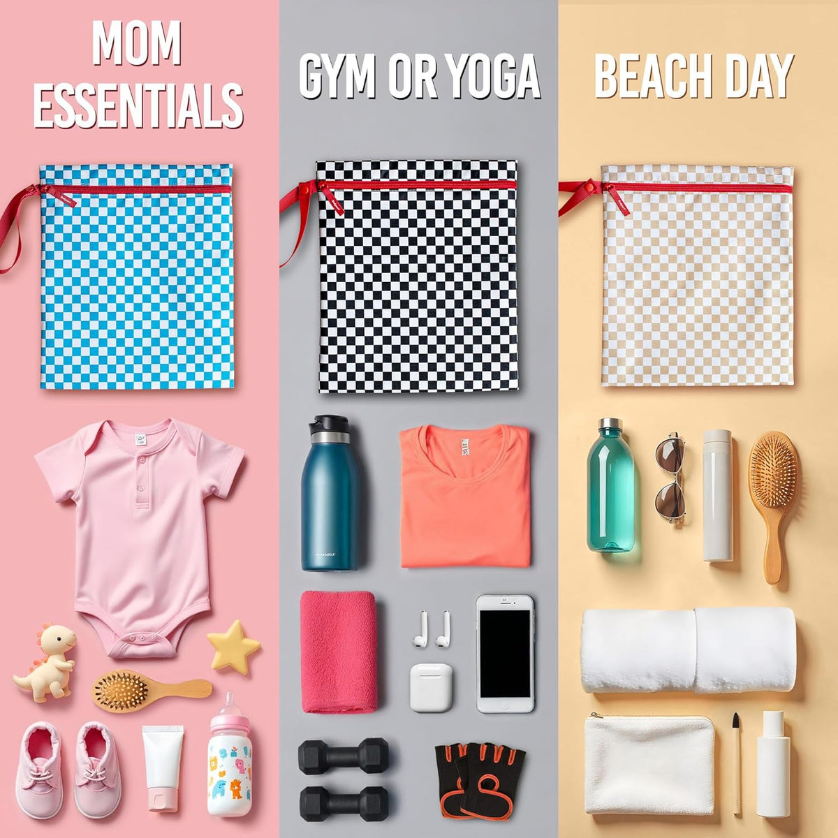 Waterproof Wet Bag for Swimsuit, Travel - Leakproof, Striped Black | Striped sandproof dry bag for wet clothes; laundry bag, cosmetic pouch, daycare & toddler kids bag; washable and foldable