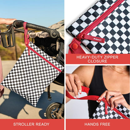 Waterproof Wet Bag for Swimsuit, Travel - Leakproof, Striped Black | Striped sandproof dry bag for wet clothes; laundry bag, cosmetic pouch, daycare & toddler kids bag; washable and foldable