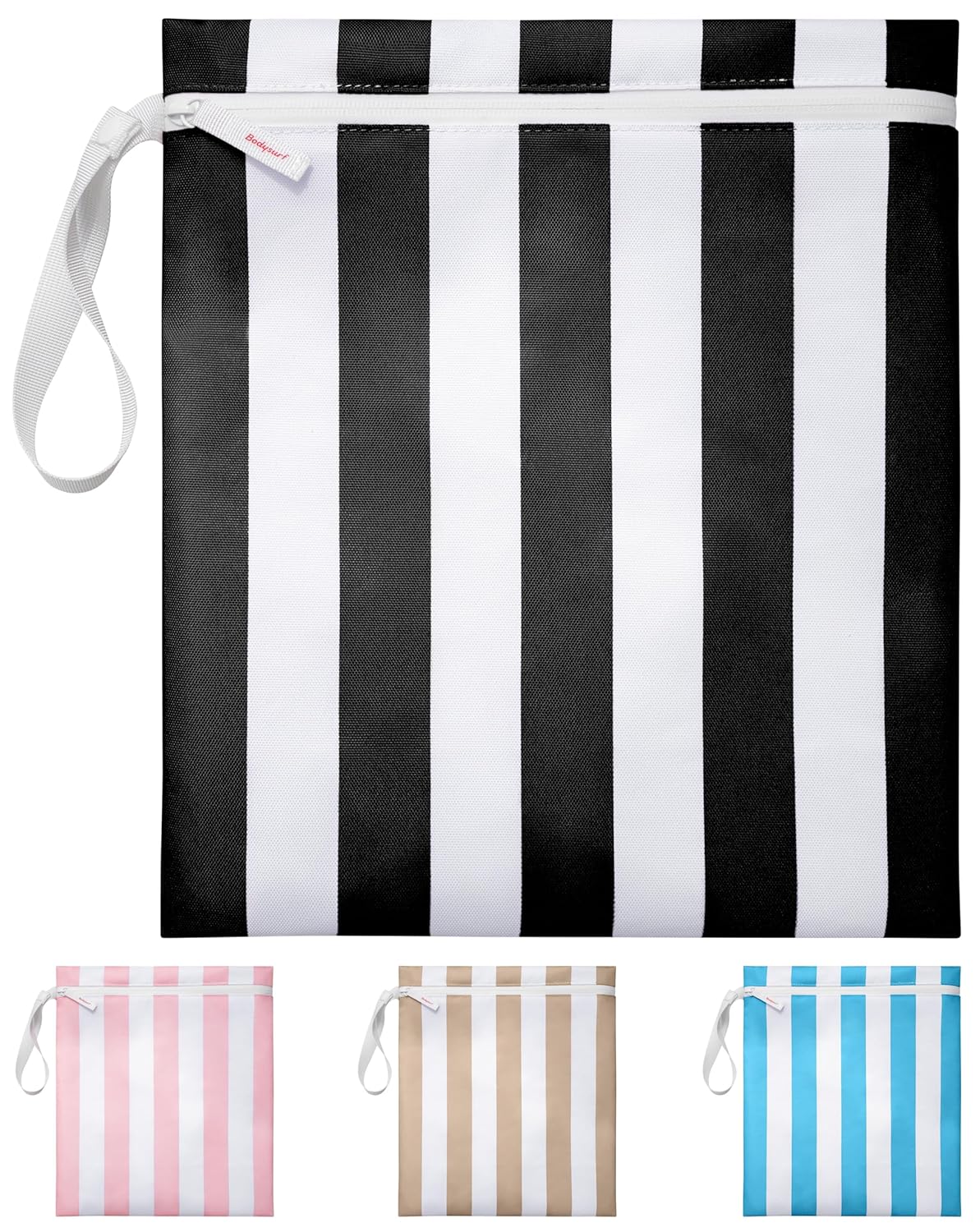 Waterproof Wet Bag for Swimsuit, Travel - Leakproof, Striped Black | Striped sandproof dry bag for wet clothes; laundry bag, cosmetic pouch, daycare & toddler kids bag; washable and foldable