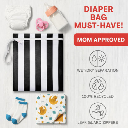 Waterproof Wet Bag for Swimsuit, Travel - Leakproof, Striped Black | Striped sandproof dry bag for wet clothes; laundry bag, cosmetic pouch, daycare & toddler kids bag; washable and foldable
