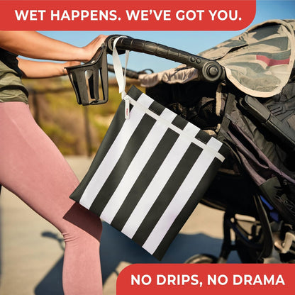 Waterproof Wet Bag for Swimsuit, Travel - Leakproof, Striped Black | Striped sandproof dry bag for wet clothes; laundry bag, cosmetic pouch, daycare & toddler kids bag; washable and foldable