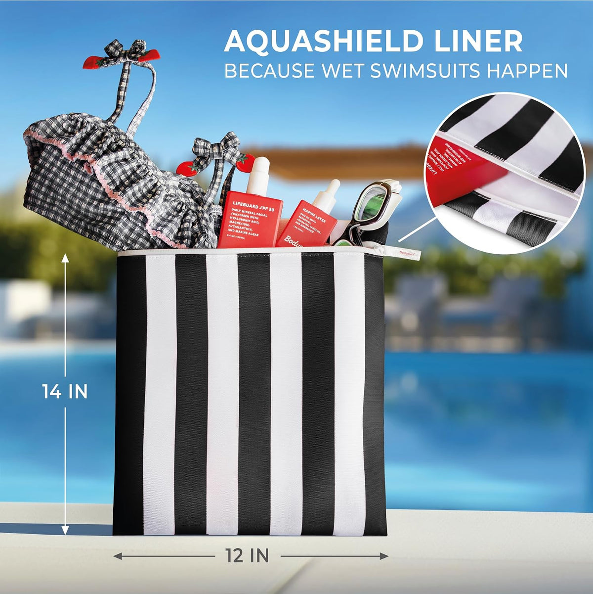Waterproof Wet Bag for Swimsuit, Travel - Leakproof, Striped Black | Striped sandproof dry bag for wet clothes; laundry bag, cosmetic pouch, daycare & toddler kids bag; washable and foldable