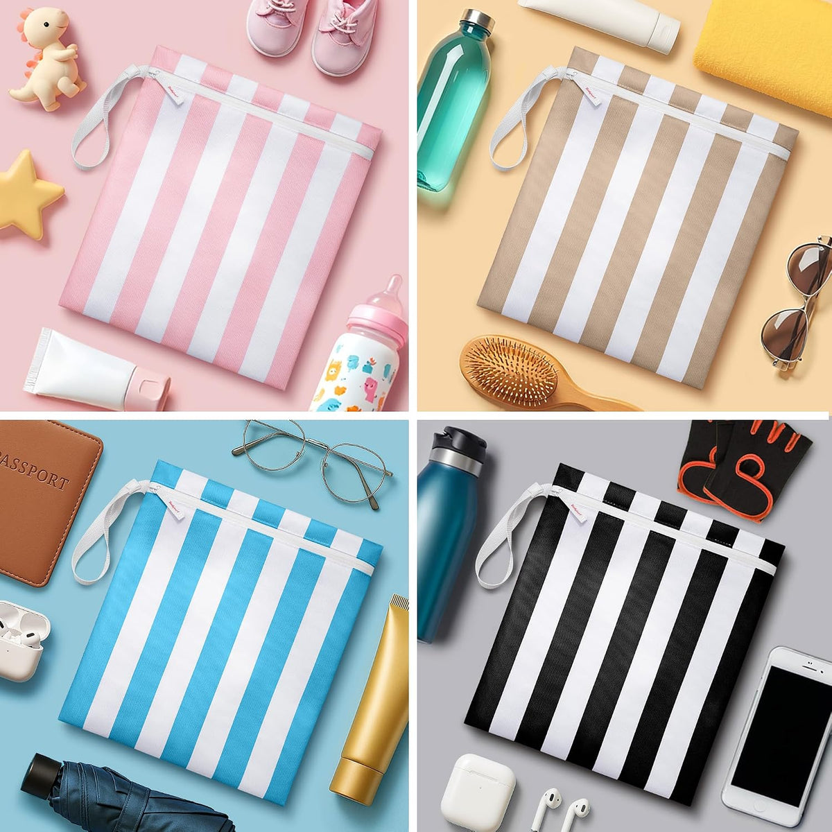 Waterproof Wet Bag for Swimsuit, Travel - Leakproof, Striped Black | Striped sandproof dry bag for wet clothes; laundry bag, cosmetic pouch, daycare & toddler kids bag; washable and foldable