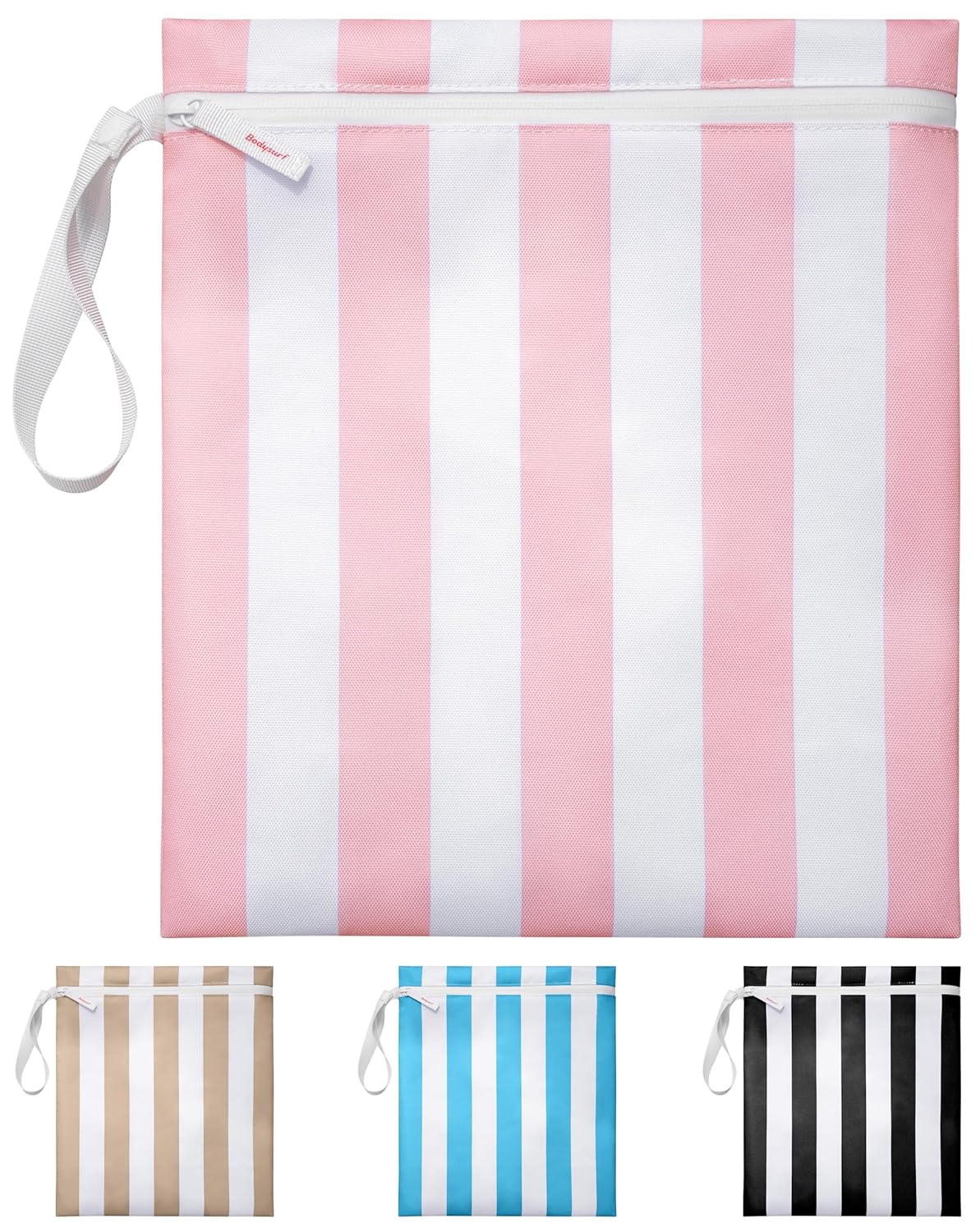 Waterproof Wet Bag for Swimsuit, Travel - Leakproof, Striped Black | Striped sandproof dry bag for wet clothes; laundry bag, cosmetic pouch, daycare & toddler kids bag; washable and foldable