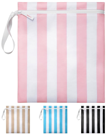 Waterproof Wet Bag for Swimsuit, Travel - Leakproof, Striped Black | Striped sandproof dry bag for wet clothes; laundry bag, cosmetic pouch, daycare & toddler kids bag; washable and foldable