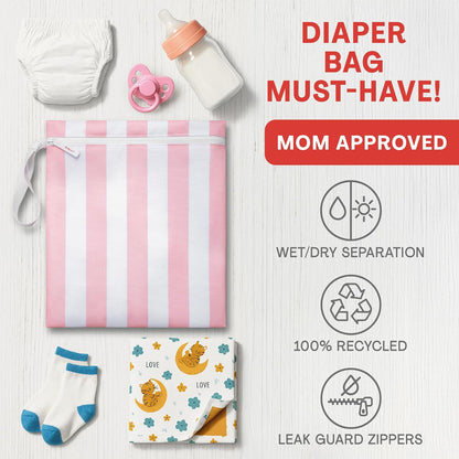 Waterproof Wet Bag for Swimsuit, Travel - Leakproof, Striped Black | Striped sandproof dry bag for wet clothes; laundry bag, cosmetic pouch, daycare & toddler kids bag; washable and foldable
