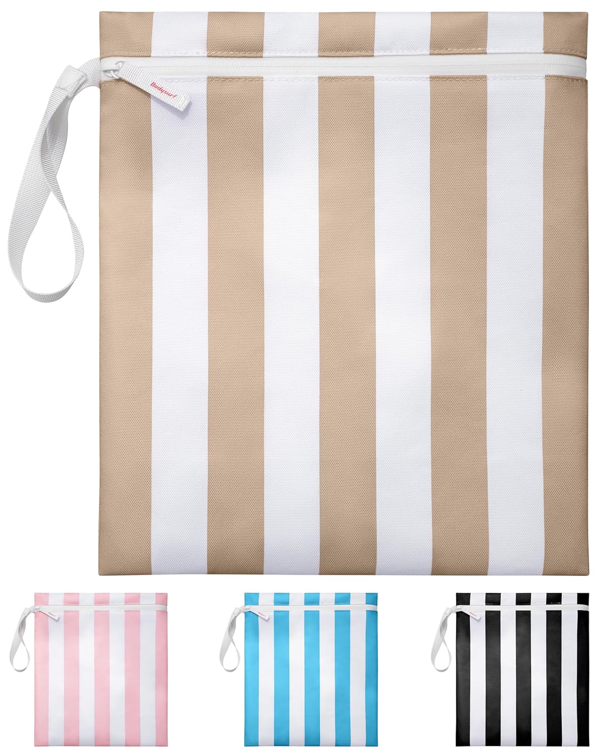Waterproof Wet Bag for Swimsuit, Travel - Leakproof, Striped Black | Striped sandproof dry bag for wet clothes; laundry bag, cosmetic pouch, daycare & toddler kids bag; washable and foldable