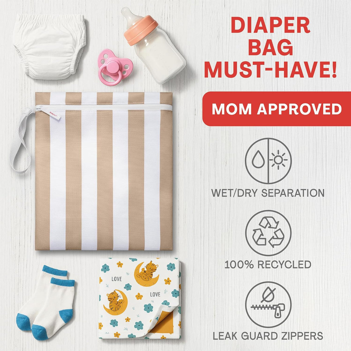 Waterproof Wet Bag for Swimsuit, Travel - Leakproof, Striped Black | Striped sandproof dry bag for wet clothes; laundry bag, cosmetic pouch, daycare & toddler kids bag; washable and foldable