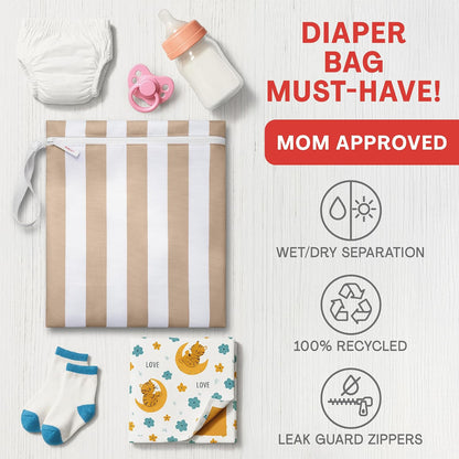 Waterproof Wet Bag for Swimsuit, Travel - Leakproof, Striped Black | Striped sandproof dry bag for wet clothes; laundry bag, cosmetic pouch, daycare & toddler kids bag; washable and foldable