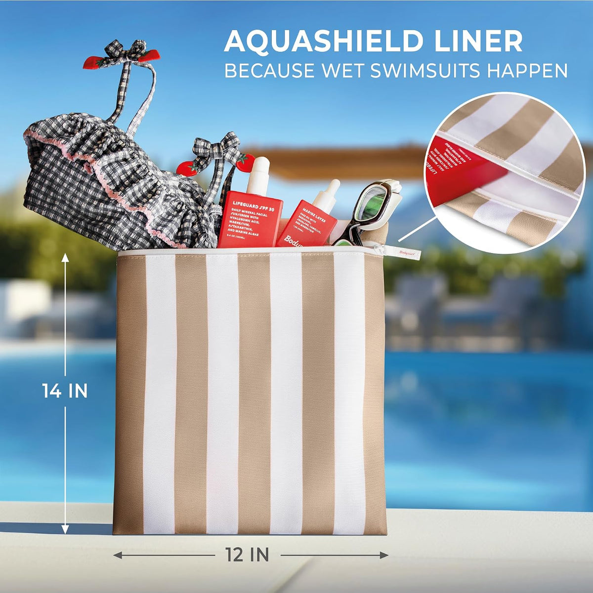 Waterproof Wet Bag for Swimsuit, Travel - Leakproof, Striped Black | Striped sandproof dry bag for wet clothes; laundry bag, cosmetic pouch, daycare & toddler kids bag; washable and foldable