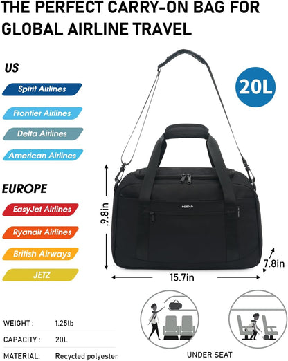 For Spirit Airlines Personal Item Bag 18x14x8 Travel Duffel Bags with Laptop Compartment & Shoe Bag Underseat Carry on Handbag with Wet Pocket, 30L (Black)