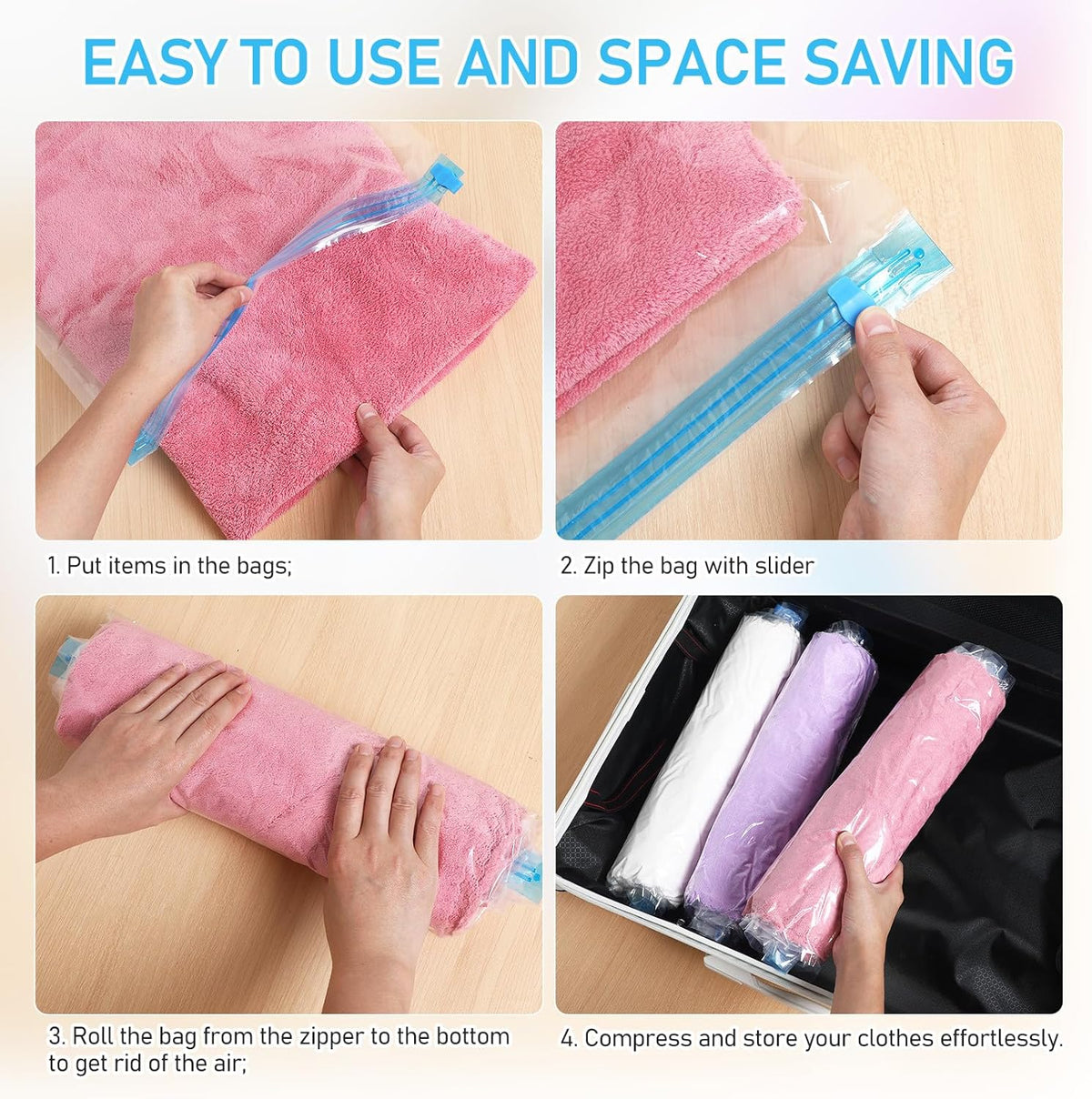 12 Pcs Vacuum Clothes Storage Bags Roll up Compression Travel Packing Bags Space Saver for Suitcases and Closet Organization, 40x60cm 50x70cm Sets