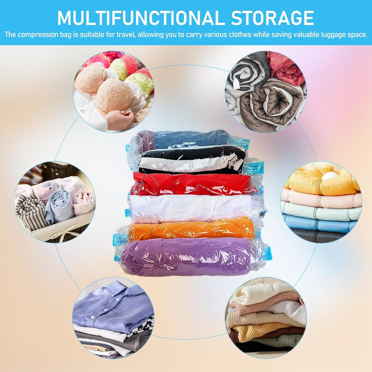 12 Pcs Vacuum Clothes Storage Bags Roll up Compression Travel Packing Bags Space Saver for Suitcases and Closet Organization, 40x60cm 50x70cm Sets