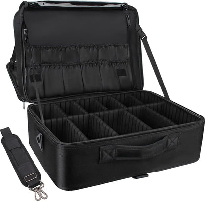 Extra Large Makeup Case with Plastic Dividers Washable and Easy to Clean, Travel Makeup Train Case Professional Makeup Artist Bag Portable Nail Organizer Box Art Supply Case (Black)