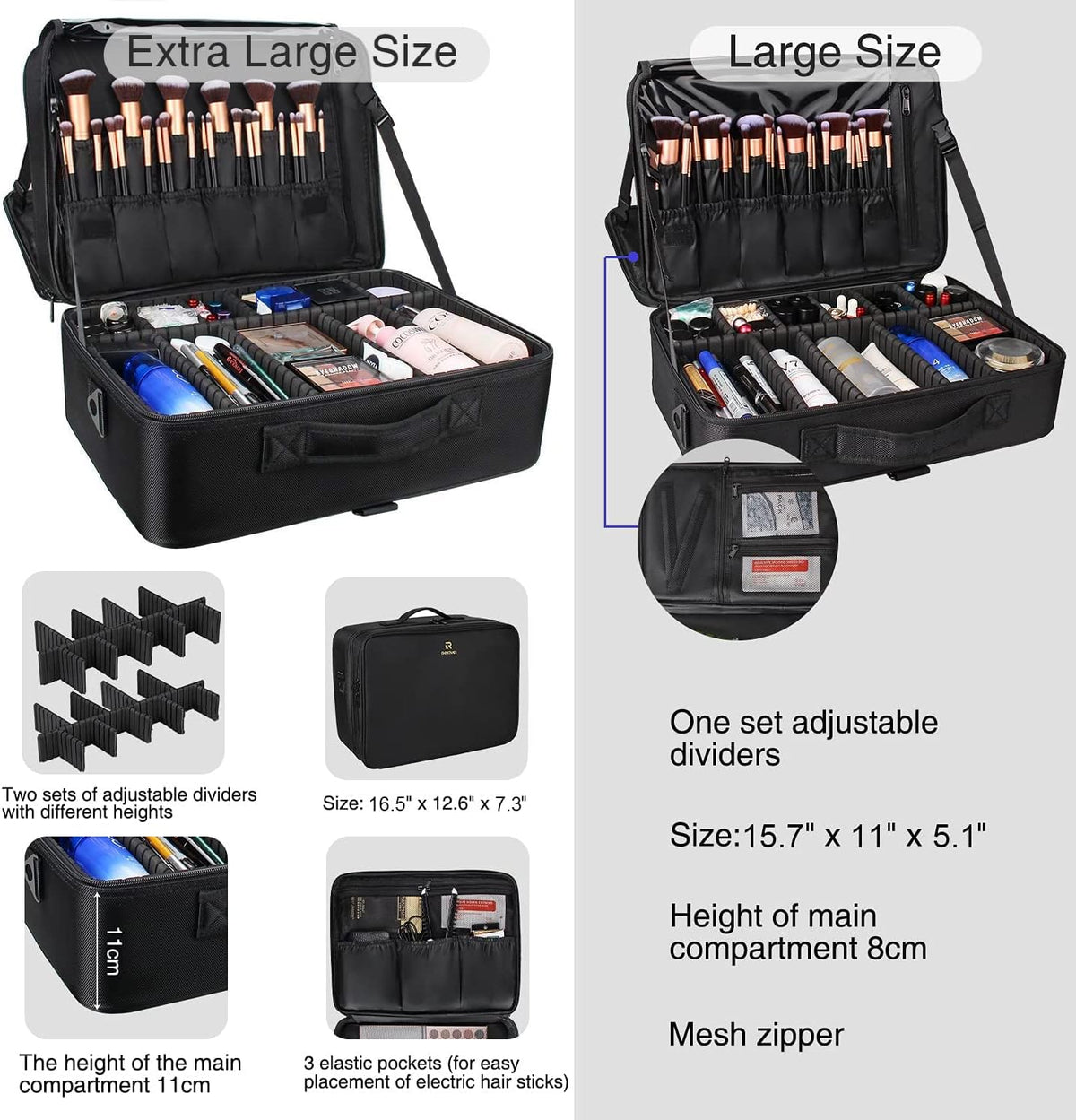 Extra Large Makeup Case with Plastic Dividers Washable and Easy to Clean, Travel Makeup Train Case Professional Makeup Artist Bag Portable Nail Organizer Box Art Supply Case (Black)