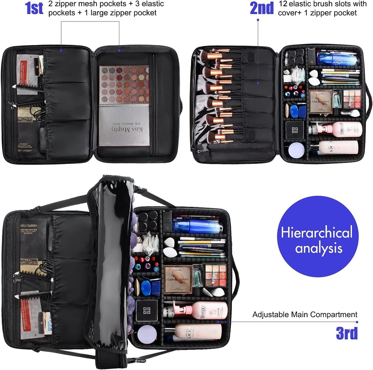 Extra Large Makeup Case with Plastic Dividers Washable and Easy to Clean, Travel Makeup Train Case Professional Makeup Artist Bag Portable Nail Organizer Box Art Supply Case (Black)