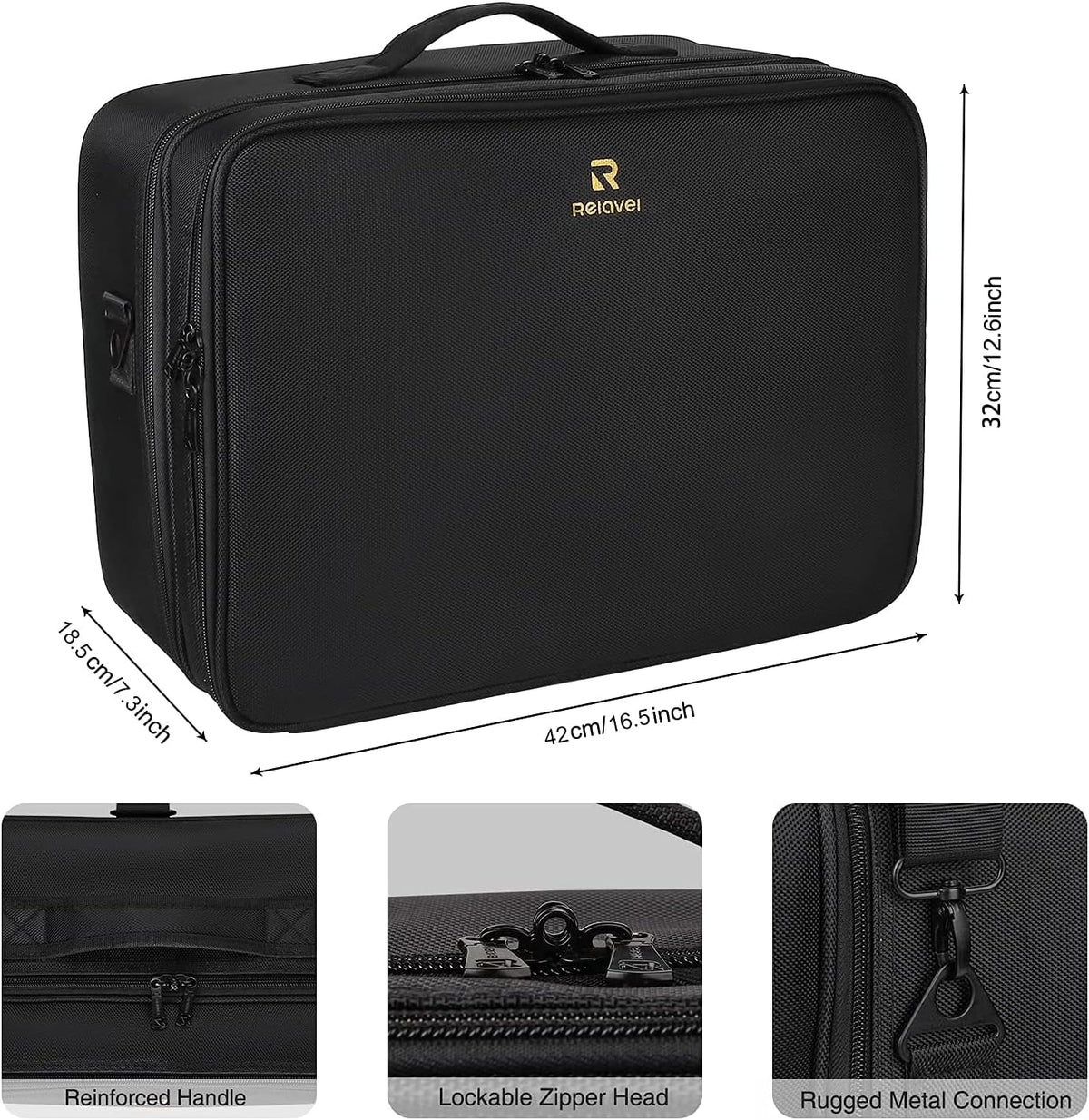 Extra Large Makeup Case with Plastic Dividers Washable and Easy to Clean, Travel Makeup Train Case Professional Makeup Artist Bag Portable Nail Organizer Box Art Supply Case (Black)