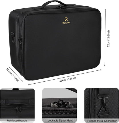 Extra Large Makeup Case with Plastic Dividers Washable and Easy to Clean, Travel Makeup Train Case Professional Makeup Artist Bag Portable Nail Organizer Box Art Supply Case (Black)