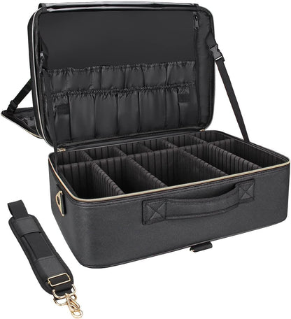 Extra Large Makeup Case with Plastic Dividers Washable and Easy to Clean, Travel Makeup Train Case Professional Makeup Artist Bag Portable Nail Organizer Box Art Supply Case (Black)