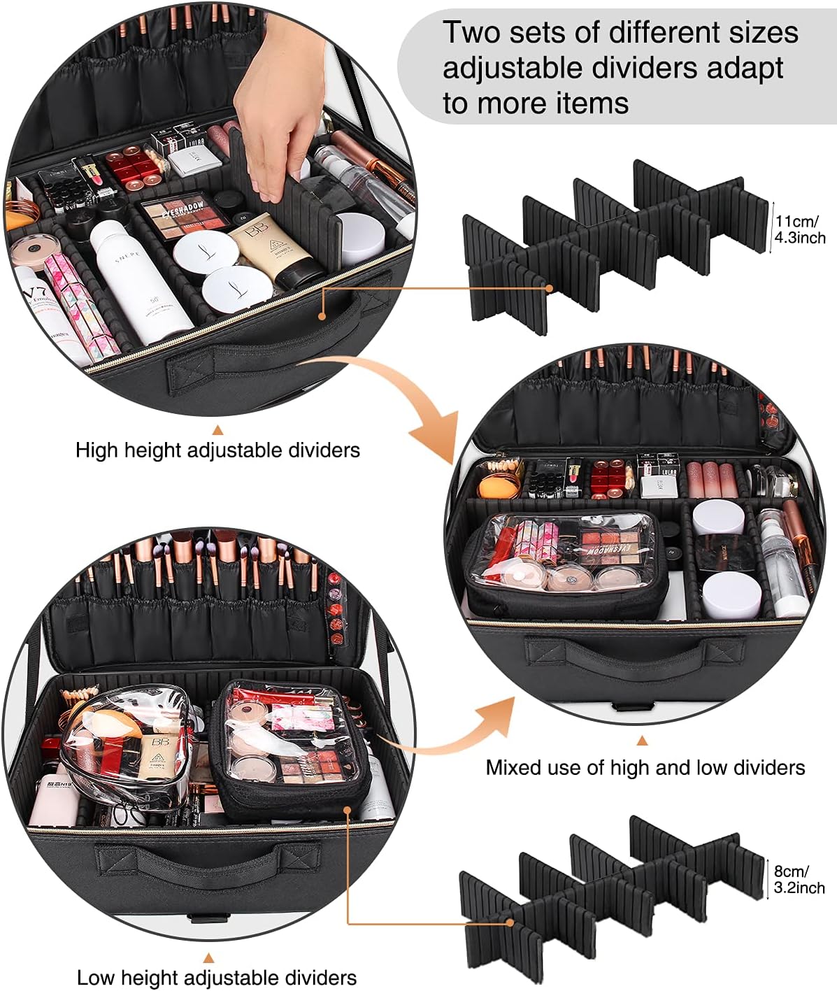 Extra Large Makeup Case with Plastic Dividers Washable and Easy to Clean, Travel Makeup Train Case Professional Makeup Artist Bag Portable Nail Organizer Box Art Supply Case (Black)