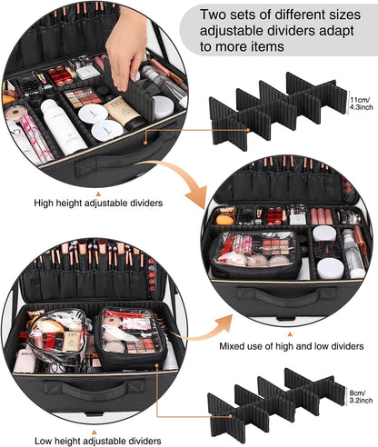 Extra Large Makeup Case with Plastic Dividers Washable and Easy to Clean, Travel Makeup Train Case Professional Makeup Artist Bag Portable Nail Organizer Box Art Supply Case (Black)