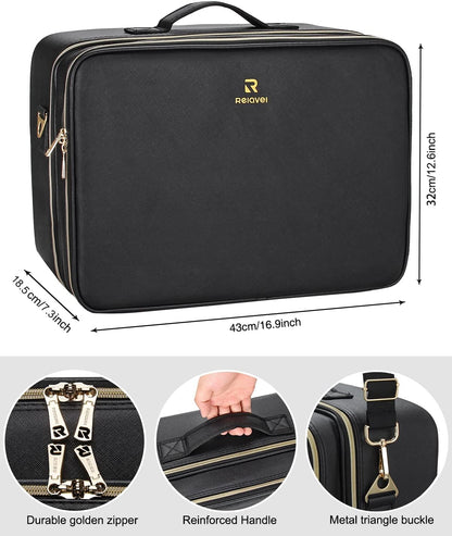 Extra Large Makeup Case with Plastic Dividers Washable and Easy to Clean, Travel Makeup Train Case Professional Makeup Artist Bag Portable Nail Organizer Box Art Supply Case (Black)