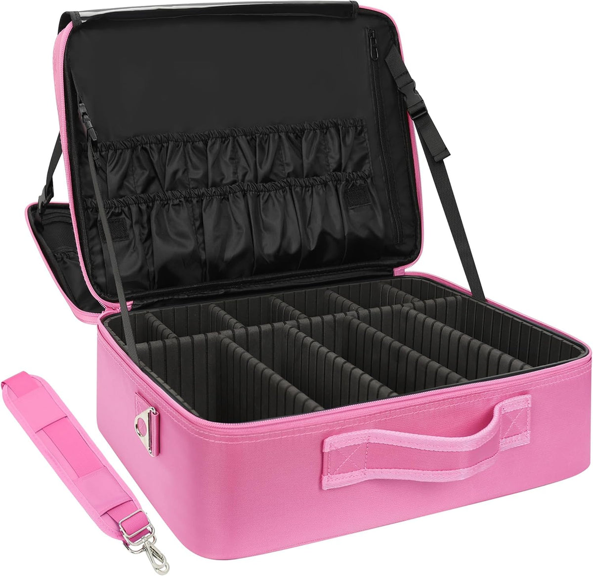 Extra Large Makeup Case with Plastic Dividers Washable and Easy to Clean, Travel Makeup Train Case Professional Makeup Artist Bag Portable Nail Organizer Box Art Supply Case (Black)