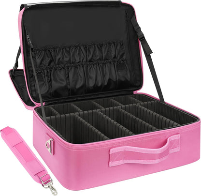 Extra Large Makeup Case with Plastic Dividers Washable and Easy to Clean, Travel Makeup Train Case Professional Makeup Artist Bag Portable Nail Organizer Box Art Supply Case (Black)