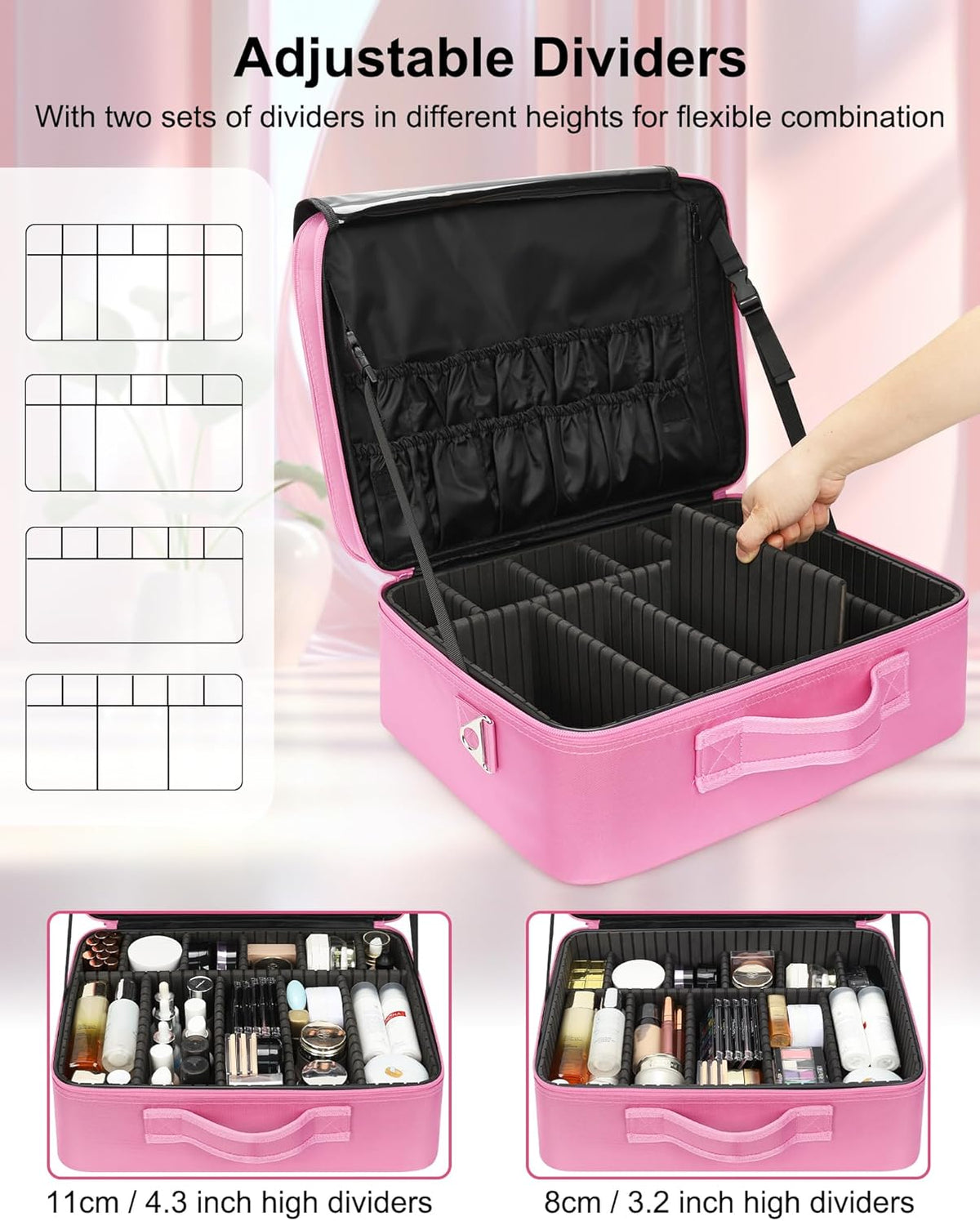 Extra Large Makeup Case with Plastic Dividers Washable and Easy to Clean, Travel Makeup Train Case Professional Makeup Artist Bag Portable Nail Organizer Box Art Supply Case (Black)