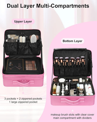 Extra Large Makeup Case with Plastic Dividers Washable and Easy to Clean, Travel Makeup Train Case Professional Makeup Artist Bag Portable Nail Organizer Box Art Supply Case (Black)