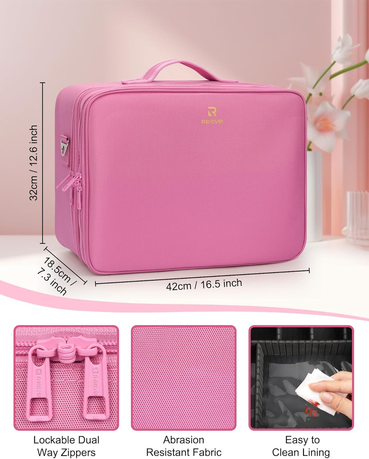 Extra Large Makeup Case with Plastic Dividers Washable and Easy to Clean, Travel Makeup Train Case Professional Makeup Artist Bag Portable Nail Organizer Box Art Supply Case (Black)