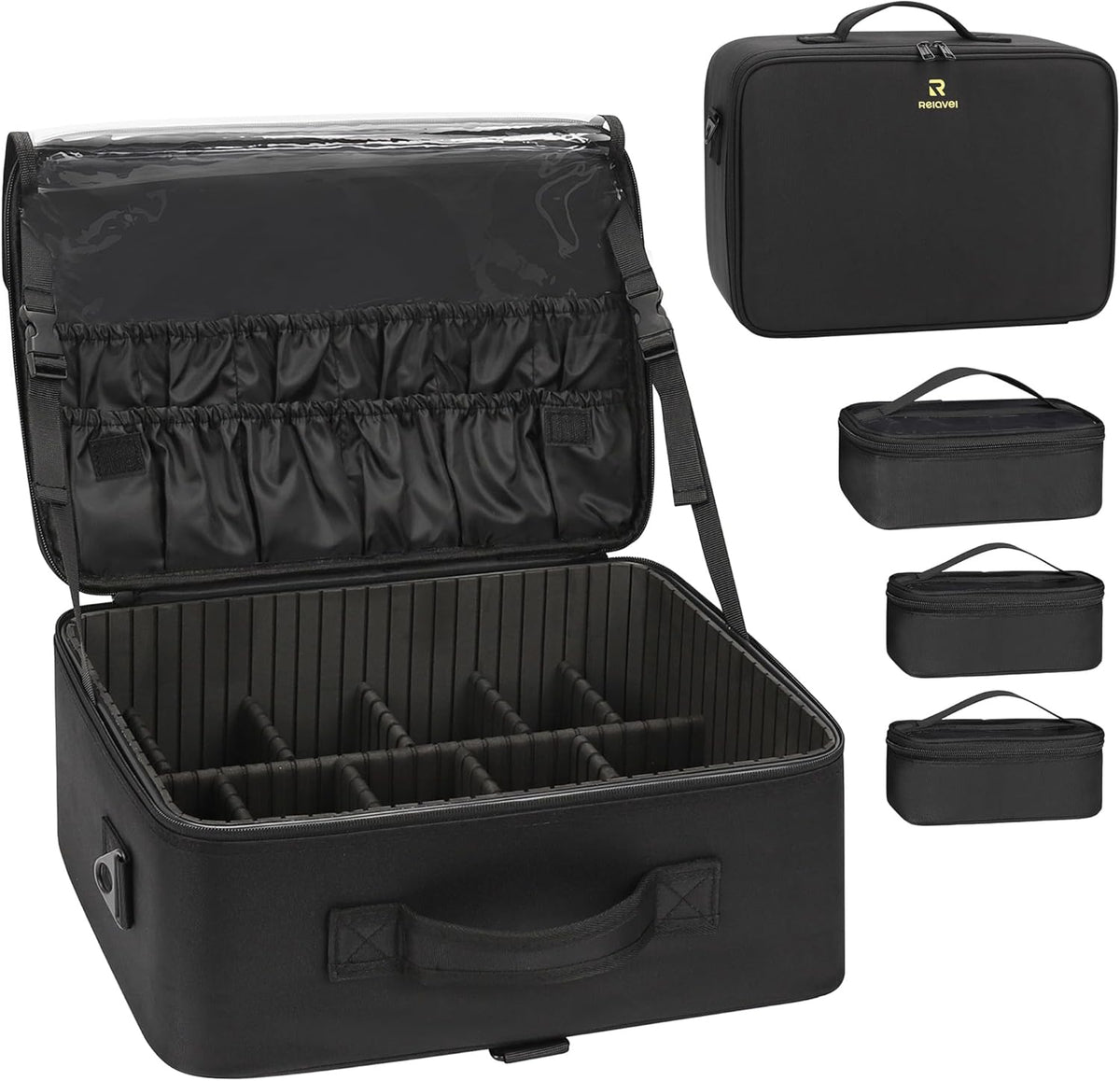 Extra Large Makeup Case with Plastic Dividers Washable and Easy to Clean, Travel Makeup Train Case Professional Makeup Artist Bag Portable Nail Organizer Box Art Supply Case (Black)