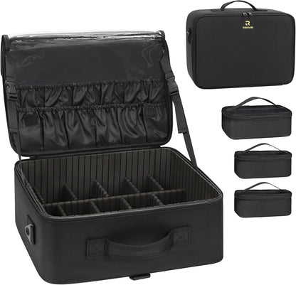 Extra Large Makeup Case with Plastic Dividers Washable and Easy to Clean, Travel Makeup Train Case Professional Makeup Artist Bag Portable Nail Organizer Box Art Supply Case (Black)