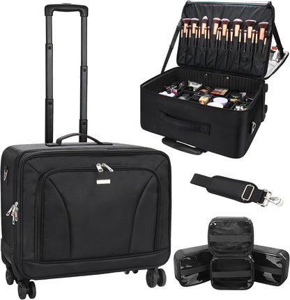 Extra Large Makeup Case with Plastic Dividers Washable and Easy to Clean, Travel Makeup Train Case Professional Makeup Artist Bag Portable Nail Organizer Box Art Supply Case (Black)
