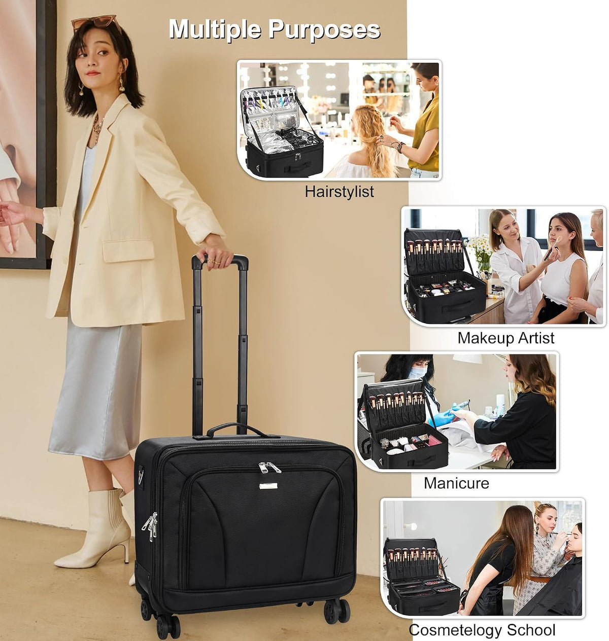 Extra Large Makeup Case with Plastic Dividers Washable and Easy to Clean, Travel Makeup Train Case Professional Makeup Artist Bag Portable Nail Organizer Box Art Supply Case (Black)