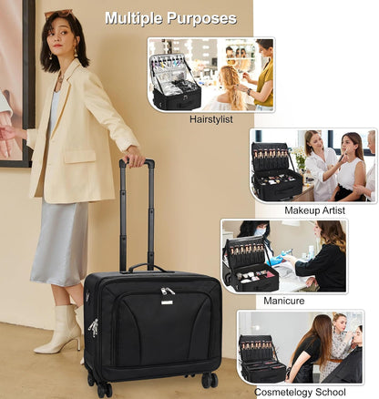 Extra Large Makeup Case with Plastic Dividers Washable and Easy to Clean, Travel Makeup Train Case Professional Makeup Artist Bag Portable Nail Organizer Box Art Supply Case (Black)