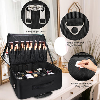 Extra Large Makeup Case with Plastic Dividers Washable and Easy to Clean, Travel Makeup Train Case Professional Makeup Artist Bag Portable Nail Organizer Box Art Supply Case (Black)