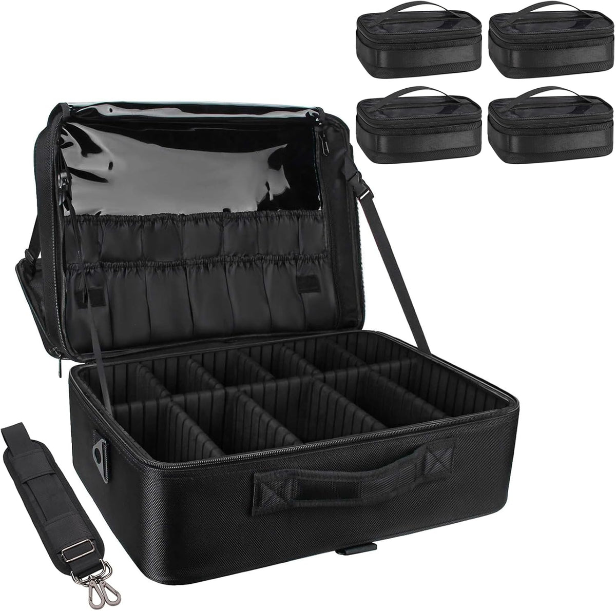 Extra Large Makeup Case with Plastic Dividers Washable and Easy to Clean, Travel Makeup Train Case Professional Makeup Artist Bag Portable Nail Organizer Box Art Supply Case (Black)