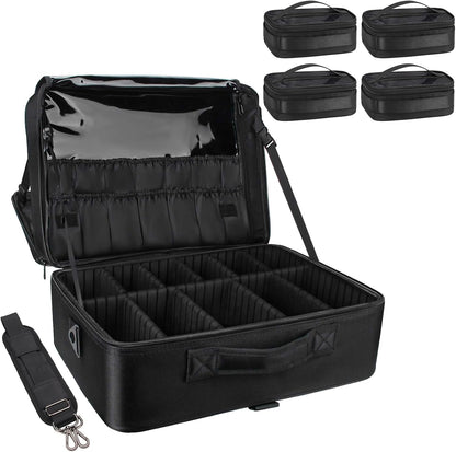 Extra Large Makeup Case with Plastic Dividers Washable and Easy to Clean, Travel Makeup Train Case Professional Makeup Artist Bag Portable Nail Organizer Box Art Supply Case (Black)