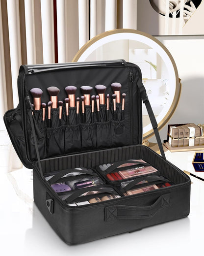 Extra Large Makeup Case with Plastic Dividers Washable and Easy to Clean, Travel Makeup Train Case Professional Makeup Artist Bag Portable Nail Organizer Box Art Supply Case (Black)