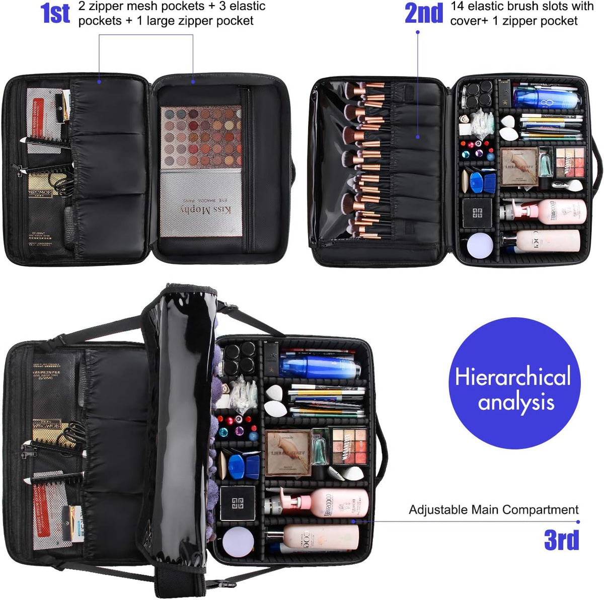 Extra Large Makeup Case with Plastic Dividers Washable and Easy to Clean, Travel Makeup Train Case Professional Makeup Artist Bag Portable Nail Organizer Box Art Supply Case (Black)