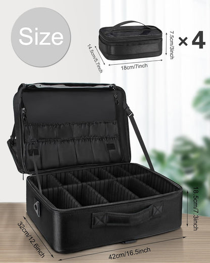 Extra Large Makeup Case with Plastic Dividers Washable and Easy to Clean, Travel Makeup Train Case Professional Makeup Artist Bag Portable Nail Organizer Box Art Supply Case (Black)