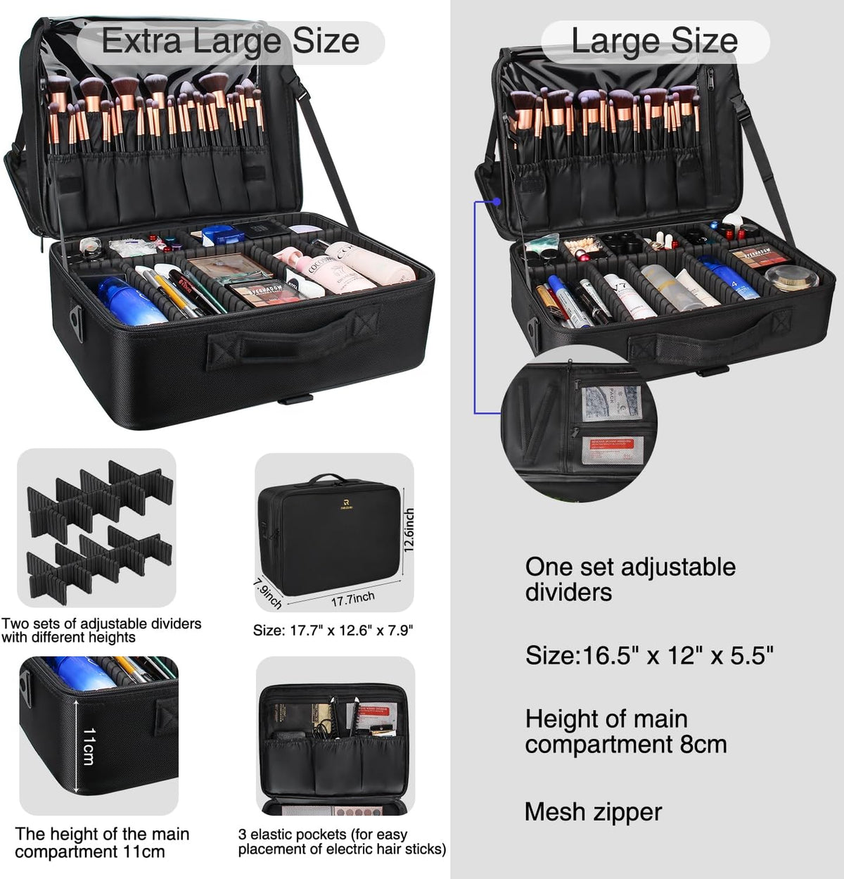 Extra Large Makeup Case with Plastic Dividers Washable and Easy to Clean, Travel Makeup Train Case Professional Makeup Artist Bag Portable Nail Organizer Box Art Supply Case (Black)