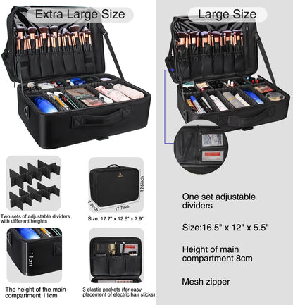 Extra Large Makeup Case with Plastic Dividers Washable and Easy to Clean, Travel Makeup Train Case Professional Makeup Artist Bag Portable Nail Organizer Box Art Supply Case (Black)