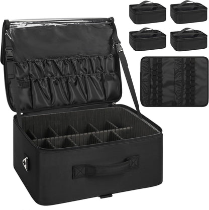 Extra Large Makeup Case with Plastic Dividers Washable and Easy to Clean, Travel Makeup Train Case Professional Makeup Artist Bag Portable Nail Organizer Box Art Supply Case (Black)