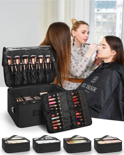 Extra Large Makeup Case with Plastic Dividers Washable and Easy to Clean, Travel Makeup Train Case Professional Makeup Artist Bag Portable Nail Organizer Box Art Supply Case (Black)