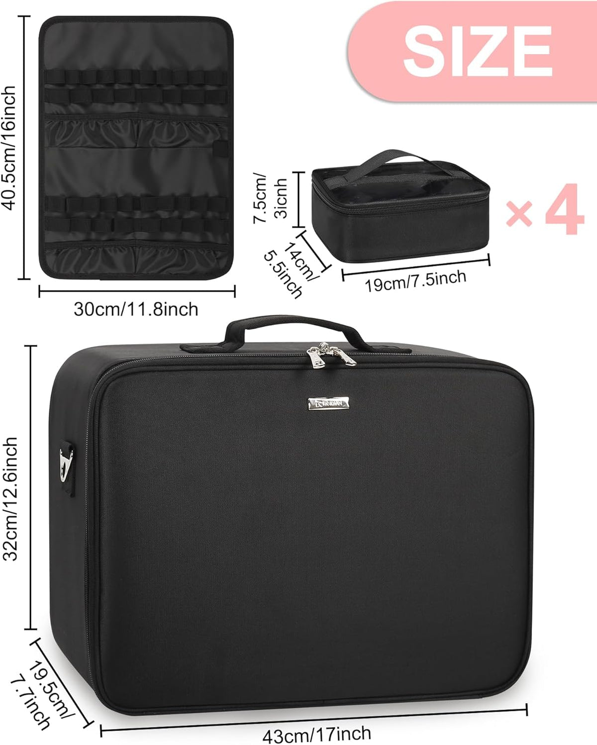 Extra Large Makeup Case with Plastic Dividers Washable and Easy to Clean, Travel Makeup Train Case Professional Makeup Artist Bag Portable Nail Organizer Box Art Supply Case (Black)