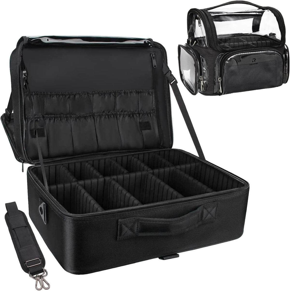 Extra Large Makeup Case with Plastic Dividers Washable and Easy to Clean, Travel Makeup Train Case Professional Makeup Artist Bag Portable Nail Organizer Box Art Supply Case (Black)