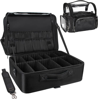Extra Large Makeup Case with Plastic Dividers Washable and Easy to Clean, Travel Makeup Train Case Professional Makeup Artist Bag Portable Nail Organizer Box Art Supply Case (Black)