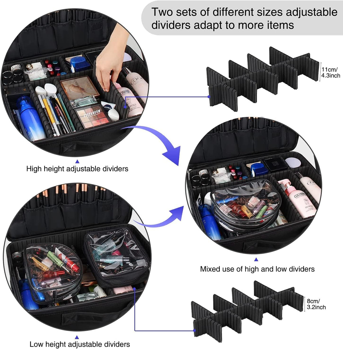 Extra Large Makeup Case with Plastic Dividers Washable and Easy to Clean, Travel Makeup Train Case Professional Makeup Artist Bag Portable Nail Organizer Box Art Supply Case (Black)